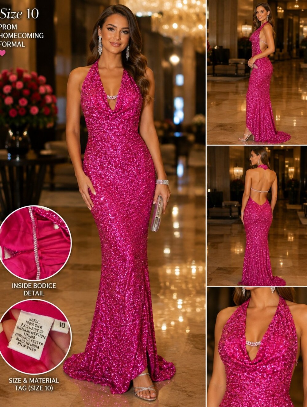 Scala Size 10 Hot Pink Sequin Silk Halter Formal Gown Rhinestone Backless